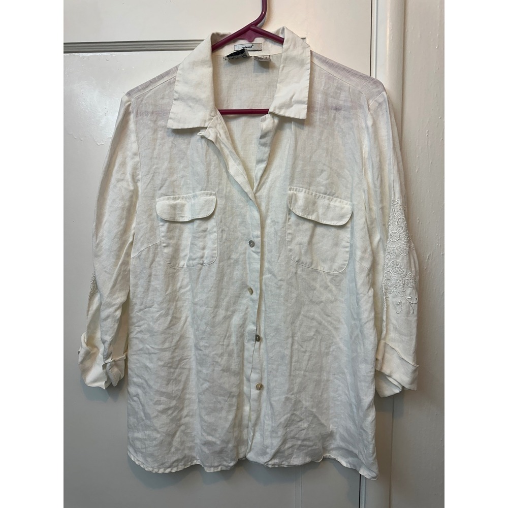 Edward White 100% Irish Linen Beaded Floral Embroidered Button Down Shirt Large